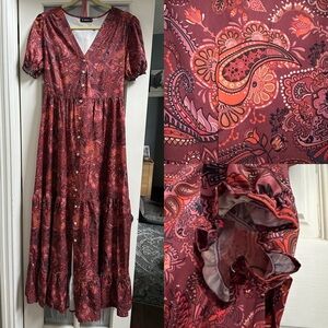 Sheilay Red Paisley Maxi Dress MED buttons up front EUC COASTAL COWGIRL GRANDMA